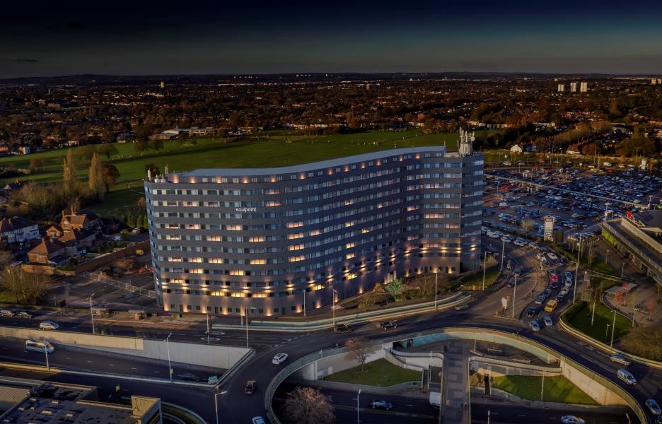 Equipoint building, aerial view at dusk